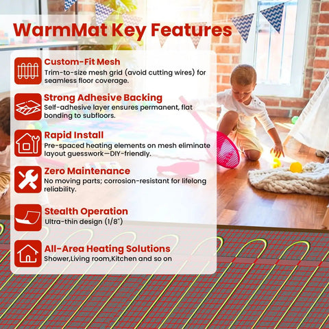 Image showing WarmMat features with kids playing, highlighting advantages of the DIY Friendly Self-Adhesive Electric Floor Heating Mat Kit.