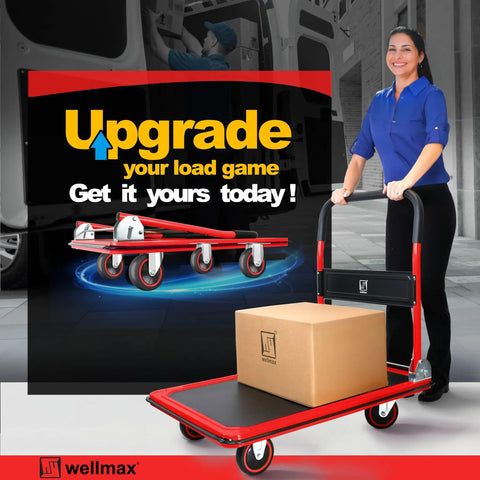 Heavy Duty Foldable Push Cart Dolly With Comfort Grip 660 Pound Capacity Moving Platform Flat Cart with boxed load.