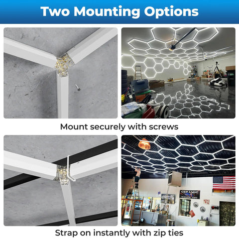 Hexagon LED Garage Lights 6500K Ultra Bright 156W 17280LM Beast Mode Daylight Honeycomb Panels in garage installation