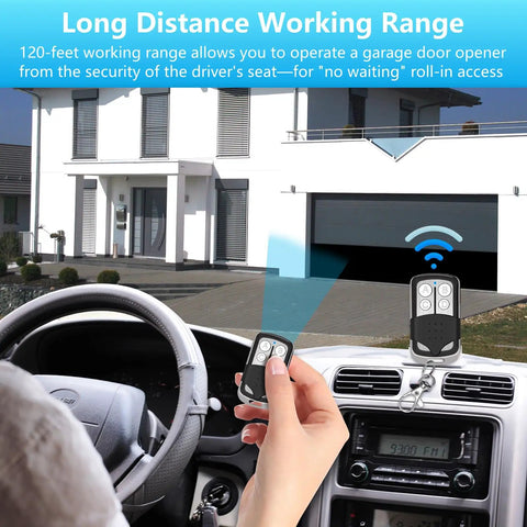 Person using the Universal Garage Door Remote With Five Color Learn Button Purple Yellow Green Orange Red Keychain Included