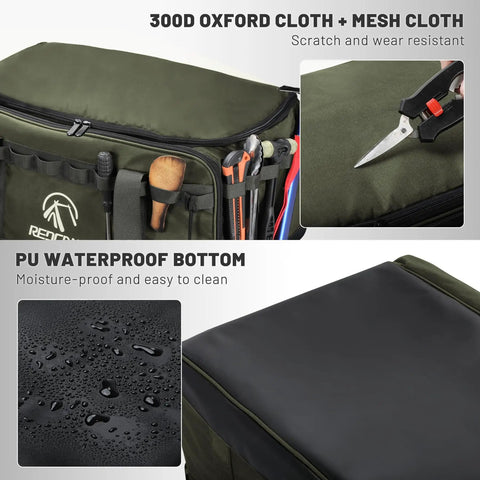Close-up of 35L Tactical Camping Tote Organizer Duffel Bag showcasing 300D Oxford cloth, waterproof base, and dividers in Army Green