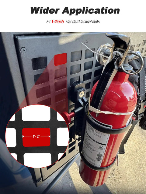 Quick Pull Molle Panel Fire Extinguisher Mount With No Fuss Quick Draw Pin secured on 1-2 inch tactical slots.