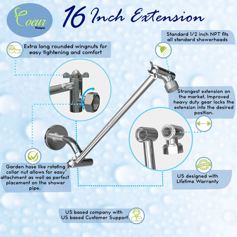 Extra Long 16 Inch Shower Arm Extension made of solid brass, height and angle adjustable with locking gear and universal NPT fitting.