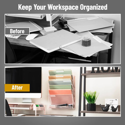 Before and after image of workspace organization with Top Shelf Pink Metal Mesh Vertical File Storage Desktop Organizer.