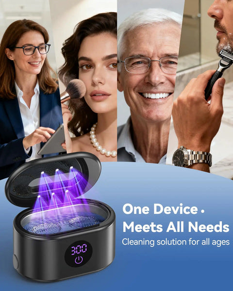 Collage of diverse individuals with 48KHz Ultrasonic Jewelry Cleaner Pro Grade Deep Cleaning Machine with LED display in foreground