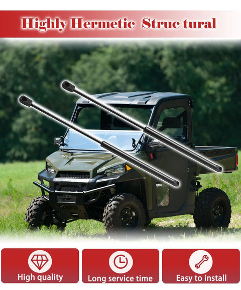 Top Shelf Front Window Lift Support Gas Struts 2 Piece Set For Polaris Ranger 2013 2025 shown installed on vehicle outdoors.