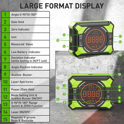 Three In One Digital Angle Gauge With Laser Level And Magnetic Base For DIY Woodworking Rechargeable 2 Beam Laser Level With Horizontal And Vertical Lines Measures 0 To 90 And 0 To 180 Degrees Ultra Handy Pro Grade Tool with large display and control labels