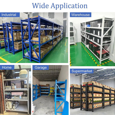 Heavy Duty Adjustable Steel Storage Shelves displayed in various settings: industrial, warehouse, garage, home, and supermarket.