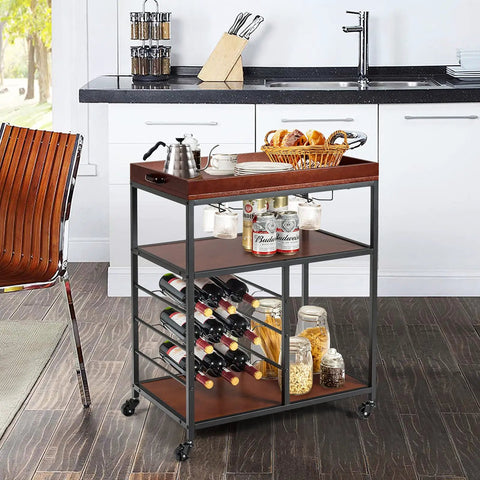 Slick Rolling Kitchen Island Cart With Rustic Brown Wood And Steel Frame featuring wine rack, glass holders, and lockable wheels.