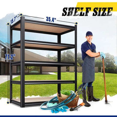Heavy Duty 2 Pack Garage Shelving System With 5 Tier Adjustable Boltless Steel Racks next to gardener in apron outdoors