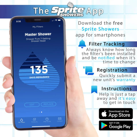 Hand holding smartphone displaying Sprite Showers app interface for Slim Line Replacement Chlorgon Shower Filter Cartridge.