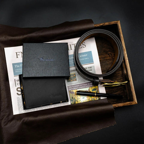 Genuine Leather Bifold Wallet For Men With Gift Box Handmade Style RFID Blocking Two ID Windows on leather and newspaper