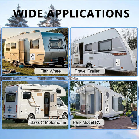 Wide applications of On Demand Tankless Water Heater 55000 BTU 12 Volt in various RVs including Fifth Wheel and Class C Motorhome.
