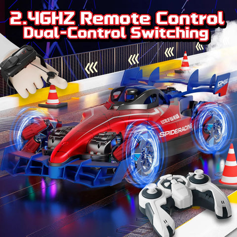 2.4GHz monster RC truck for stunts with lights and remote control, featuring dual-control switching, ideal for off-road and 360 spins.