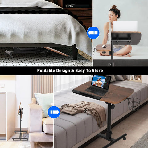 Super Chill Rolling Laptop Desk With Height Adjustable Dual Shelves And On Board Cup Holder Hella Flexible Bedside Table in use under various furniture.