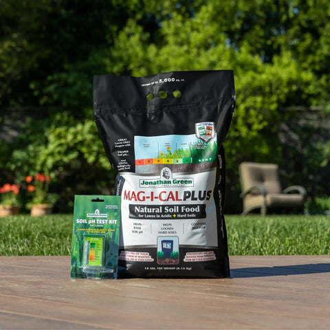 Mag-I-Cal Plus Soil Booster bag for lawns, raises pH, loosens soil, 18 lb, covers 5000 sq ft, with soil pH test kit