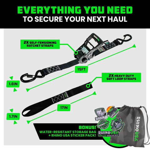 Heavy Duty Self Tensioning Ratchet Straps 2 Pack Keep Your Cargo Dead Locked And Tight As A Drum For Trucks And Trailers featuring 15FT straps.