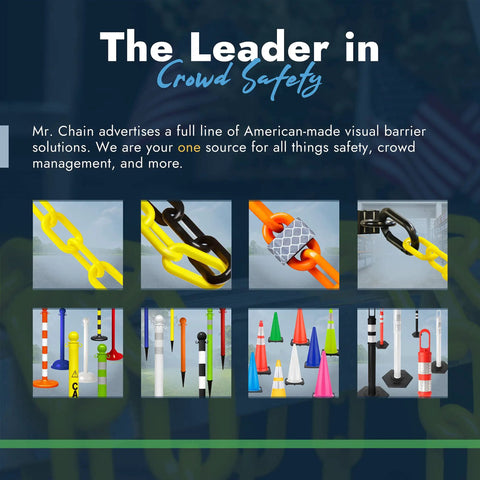 Mr. Chain barrier system showcasing various colored chains and safety stanchions for crowd control solutions.