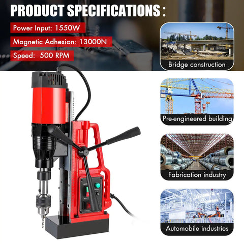 1550W Portable Magnetic Drill Press With 2 Inch Boring Diameter And Variable Speed Up To 500 Rpm on a work surface.