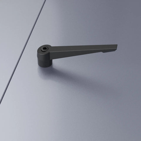 Top Shelf Adjustable Clamping Lever Handle for quick release with black finish on smooth surface.