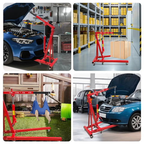 Heavy Duty Folding Hydraulic Engine Hoist With Six Rugged Iron Caster Wheels For Garage Workshop And Adjustable Two Ton Capacity lifting an engine out of a car.