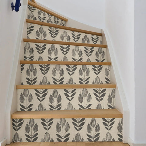 Staircase with Folk Tulip Peel And Stick Wallpaper Neutral Textured Removable for DIY Room Makeover on smooth walls.