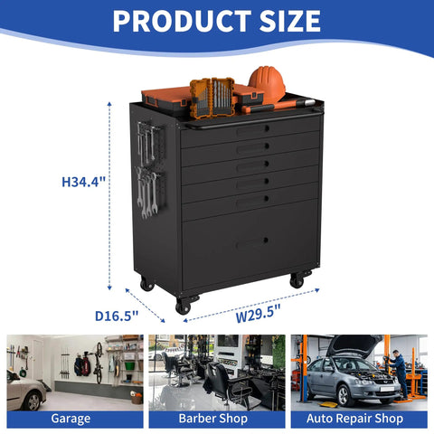 Tough As Nails 30 Inch Tool Storage Cabinet Featuring Heavy Duty Steel Build And Roll Smooth Lockdown Casters For Effortless Mobile Workshop Organization In Black with tools and measurements.