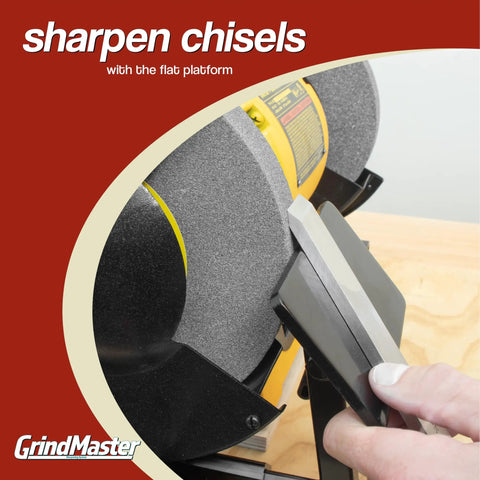 Using Lathe Tool Sharpening Jig With Quad Setup And Two Setup Blocks For 8 Inch Grinders on a chisel