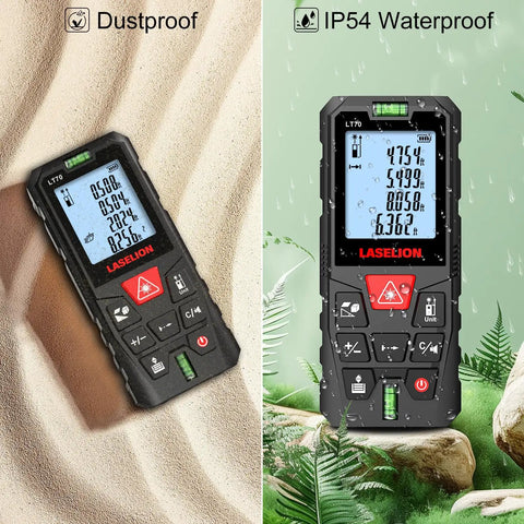 Heavy Duty Laser Measure Tool With Dead On Precision And 229 Foot Range Featuring Dual Bubble Levels LCD Display IP54 Waterproof Rating on sand and in rain.