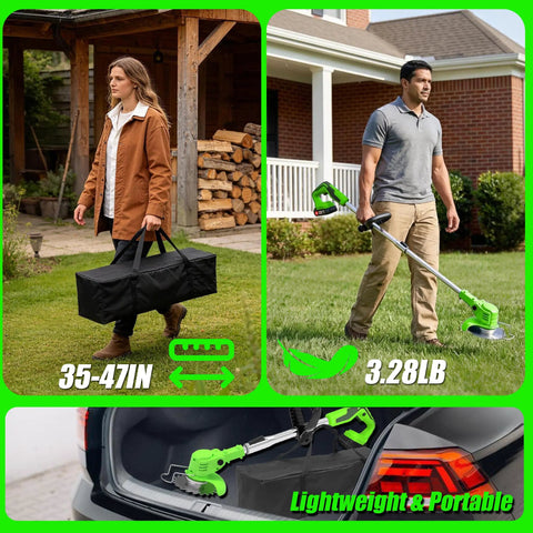 Person carrying Cordless 3-in-1 Weed Wacker With Dual 2000mAh Batteries in a bag and a man using it as a lawn edger