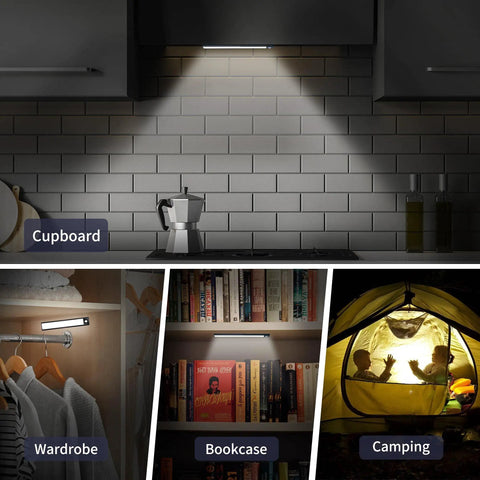 3 Pack Under Cabinet Lights With Motion Sensor And 31 LED Magnetic Closet Lights illuminating kitchen, closet, and camping scenes