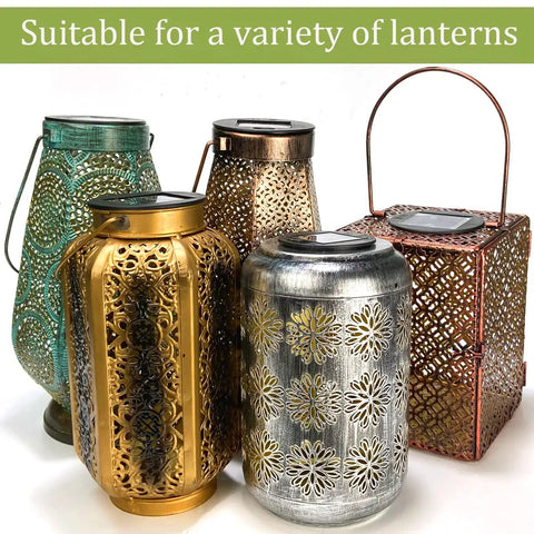 Two Pack Solar Light Replacement Top Inserts For Lanterns, 8 Lumens Warm Yellow, Waterproof Battery Box Top displayed on various lanterns