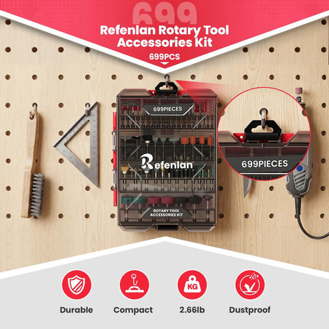 All In One 699 Piece Rotary Tool Accessories Kit with pegboard background, showcasing 1/8 inch shank bits and universal attachments.