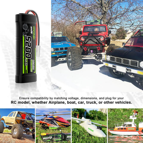 7.2V 5200mAh NiMH RC Battery, 6 Cell Pack With Tamiya Connector beside various RC vehicles, showcasing compatibility.