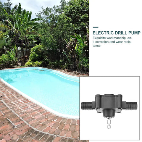 Heavy Duty Electric Drill Pump Water Transfer Tool Self Priming Portable Mini Liquid Siphon High Flow Battery Free Hydro Jet in poolside setting.
