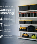 Slick Modular Garage Shelving Rack Featuring Five Heavy Duty Steel Shelves And Bright White Finish Zero Sweat Assembly Top Shelf Home Storage Organizer 18 By 60 By 72 Inches with storage bins and tools.