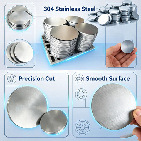10 Piece 304 Stainless Steel Disc Blanks Set, Round Metal Discs 32mm To 50mm, 4mm Thick, Durable DIY Jewelry Fabrication Slugs For Metalworking And Craft Projects displayed.