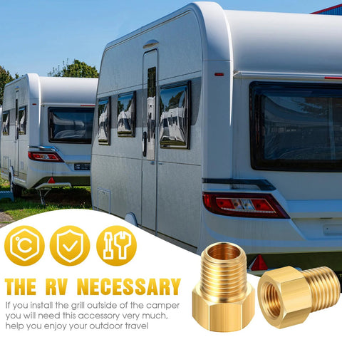 Close-up of brass 1/4-inch NPT to inverted-flare propane fittings, reducer adapters, set of 4.