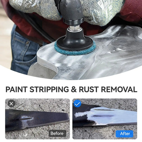 Two Inch Quick Change Surface Conditioning Discs, Pro Grade Three Grit Nylon Nonwoven Discs For Deburring, Grinding, And Polishing, Includes One Quarter Inch Roll Lock Holder For Die Grinder, applied to metal surface for paint stripping and rust removal