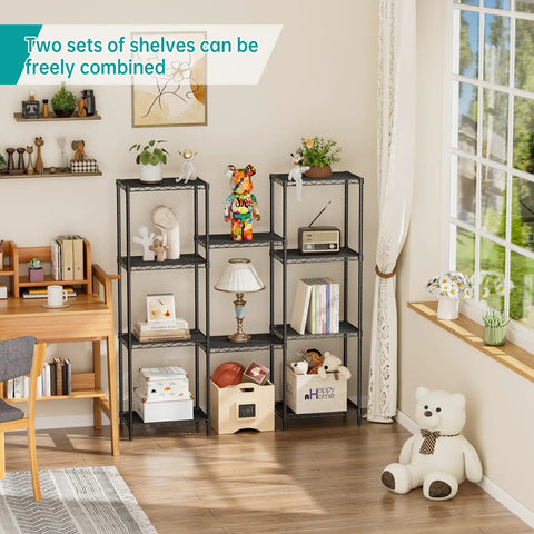 Sturdy Heavy Duty Wire Shelving Units Adjustable Metal Storage Rack With Reinforced Grid And No Sweat Setup for home display with toys and decor.