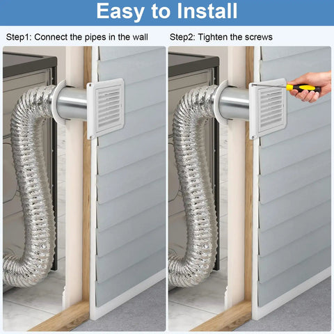 12 Pack 4 Inch Louvered Vent Covers For Exterior Vents With Built In Fly Screen Mesh And 4 Screws Easy Installation Stops Birds Nesting For Dryer Exhaust Bathroom Kitchen Office Home showcasing installation steps on exterior wall.