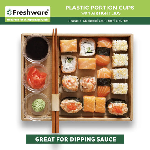 Heavy Duty 2 Oz Disposable Portion Cups With Airtight Lids Bulk 200 Piece Grab Bag for sushi and dipping sauces.