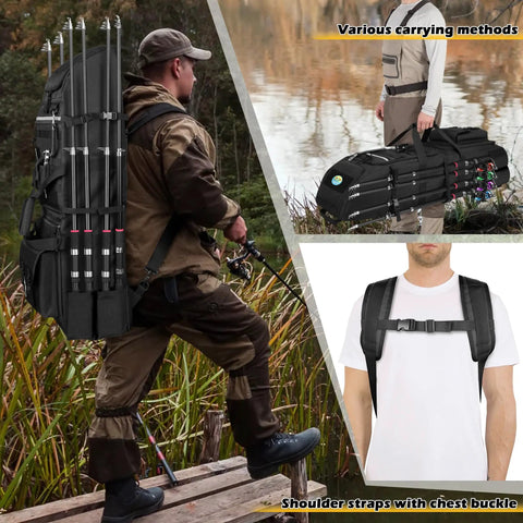 Angler carrying Rugged Fishing Backpack That Holds Eight Rods And Reels Tackle Box Ready Gear Bag with Large Compartments