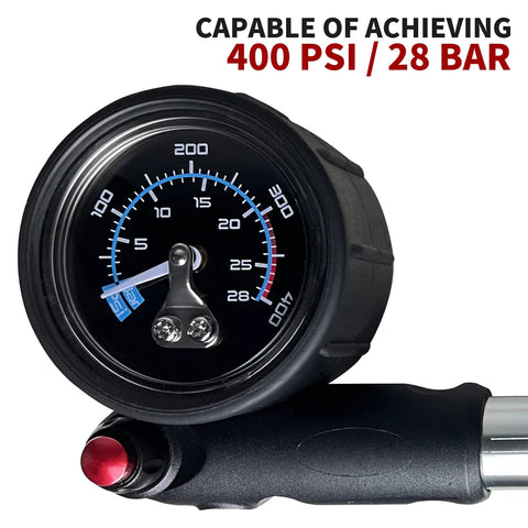 Portable Bike Fork And Rear Shock Pump 400 PSI With 1.5 Inch Gauge close-up showing pressure capability.