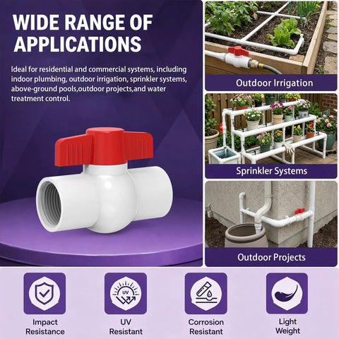 Six Pack Heavy Duty PVC Shut Off Ball Valves Featuring One Inch NPT Female Threads And Red T Handles Rated To 150 PSI on display with applications for irrigation and pools.