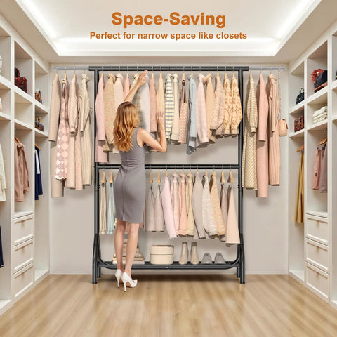 Built Like A Boss Double Rod Clothing Rack In Matte Black Steel, Holds 622 Lbs, with clothing organized in a stylish closet.