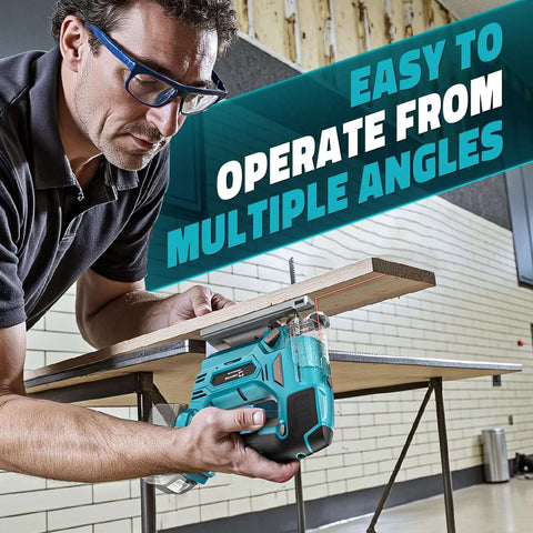 Side view of turquoise Cerycose cordless jig saw with laser guide cutting wood on a workbench