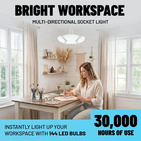 Ultra Bright 3500 Lumen LED Garage Light With Six Screw In Panels installed in a workshop, illuminating a workspace setup.