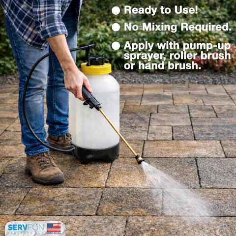 Person applying Premium Natural Stone And Patio Sealer For Concrete Slabs And Brick Walls Water Based Clear Repellent with sprayer.