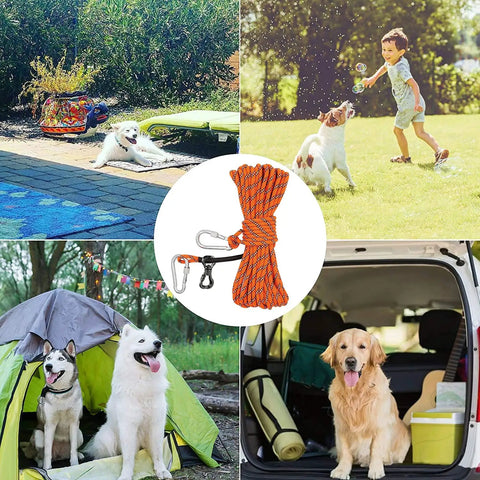 50 Ft Dog Tie Out Cable With Overhead Trolley System for Camping and Yard Use shown in different outdoor settings.